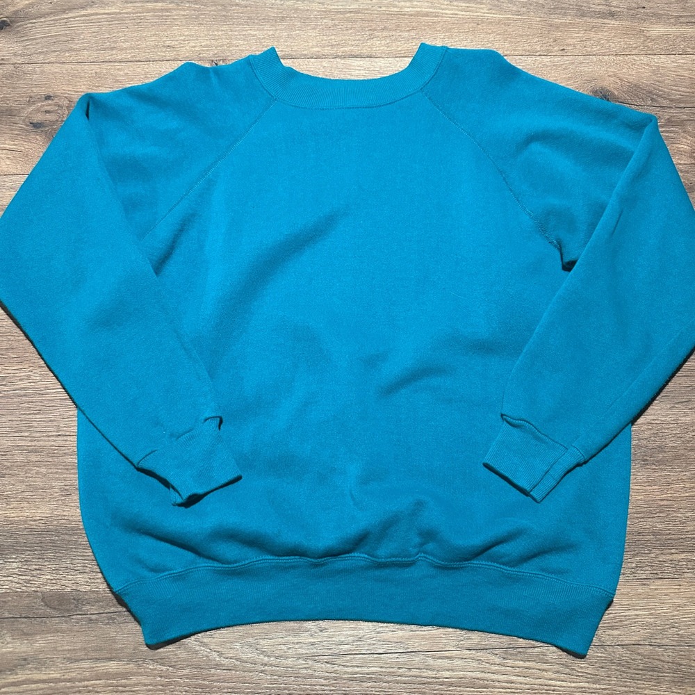 Vintage Hanes Teal Blue Sweatshirt‎ Women XL Raglan Sleeve Made in USA Crewneck